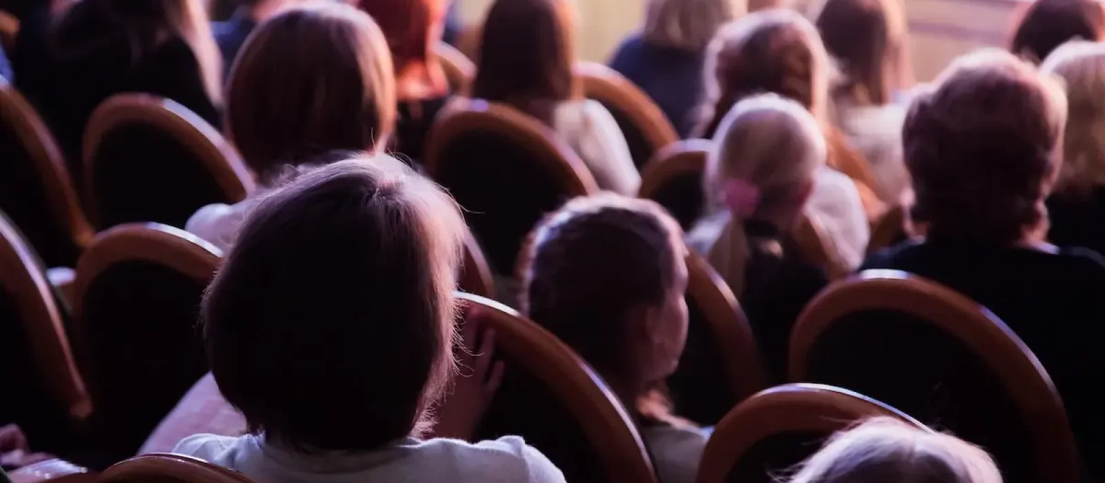 The audience in the theater watching a play. The audience in the hall: adults and children. The audience in the theater watching a play. The audience in the hall: adults and children.