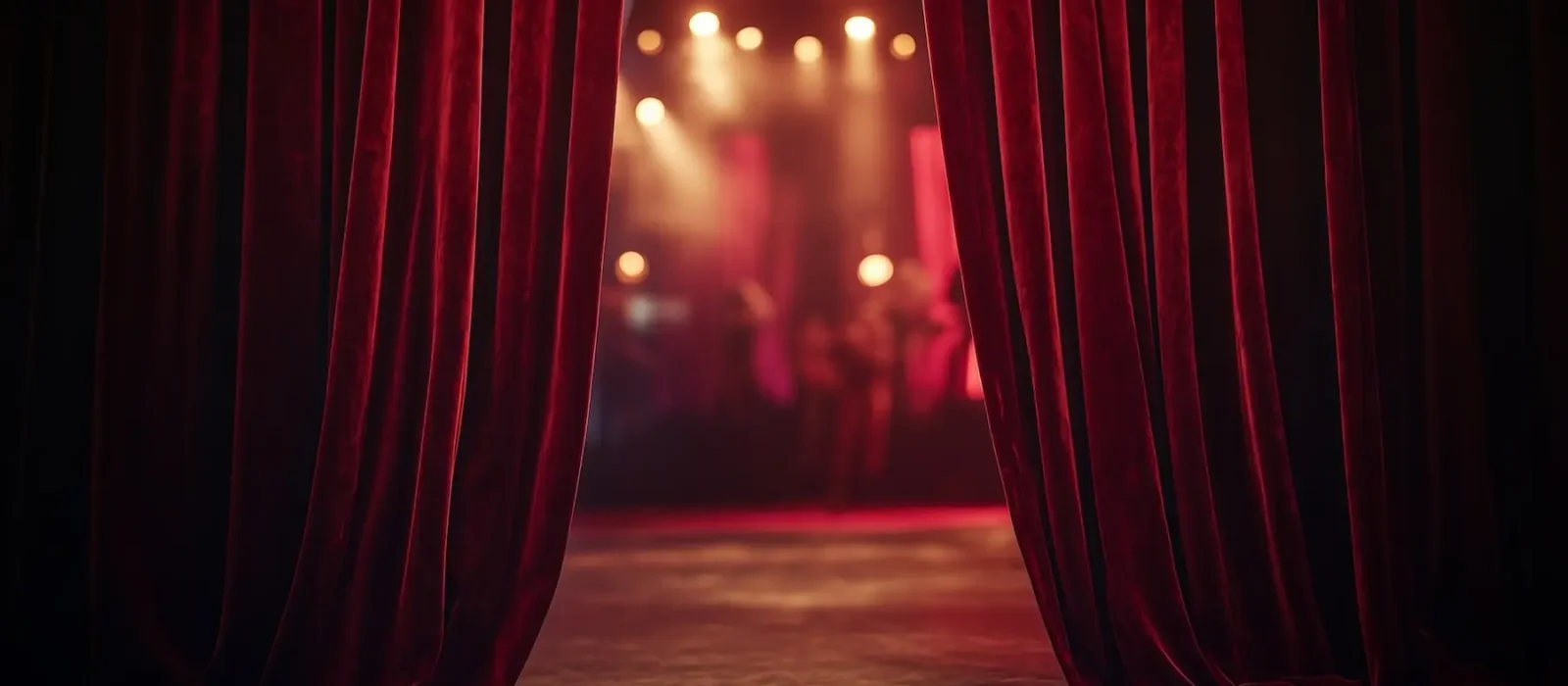Red velvet curtains opening on blurred stage with musicians preparing Red velvet curtains are opening on a blurred stage where musicians are preparing for a performance under dimmed lights, creating a sense of anticipation and excitement